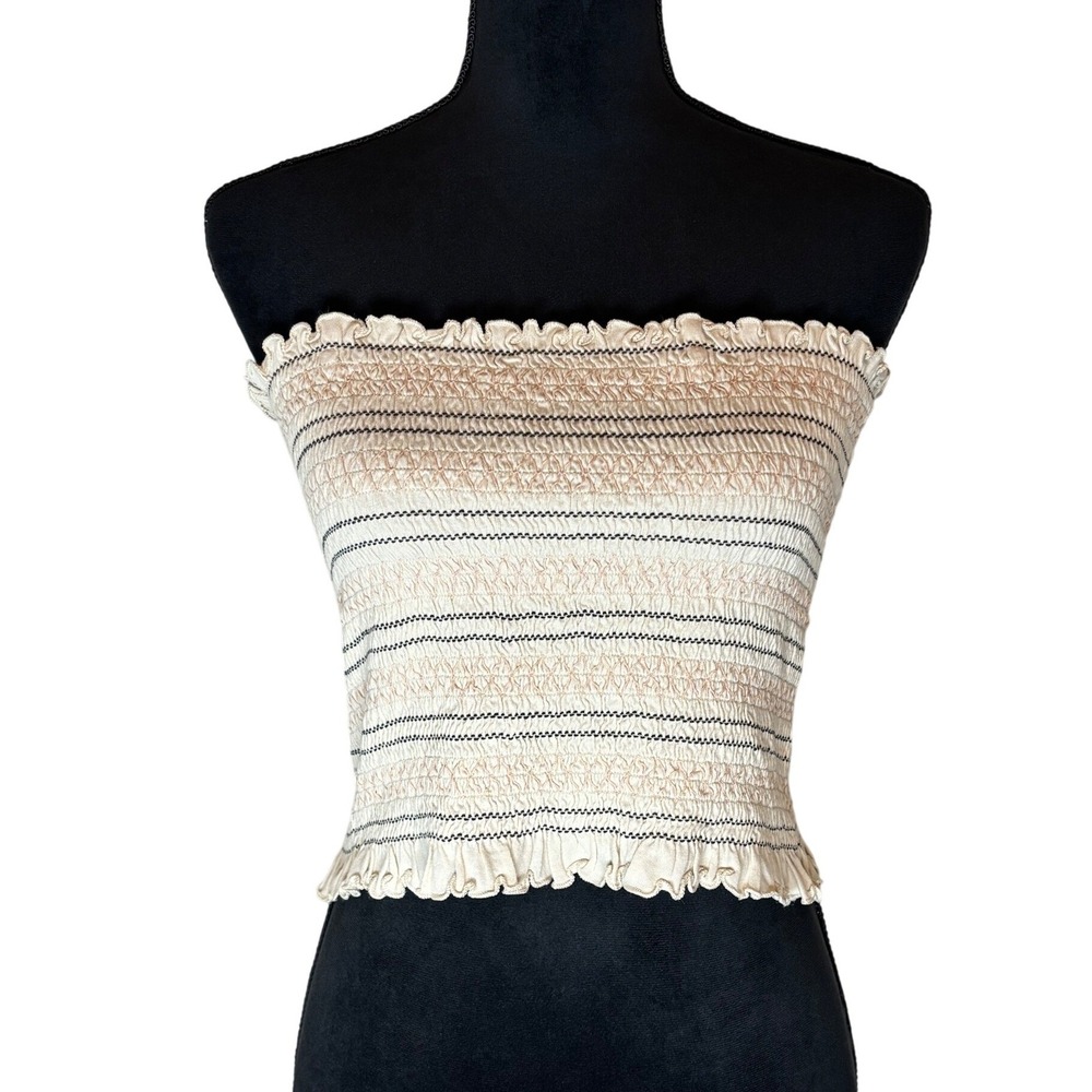 American Eagle Tube‎ Top Women L Cream Striped Smocked Detachable Straps NWT